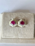18k White Gold Handmade Minimalist Stud Earrings - Natural Mozambique Ruby White Enamel Earrings - Gold Diamond Earrings