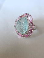 Carved Aquamarine & Pink Sapphire Gemstone Handmade Ring - Solid 18k White Gold Diamond Statement Ring