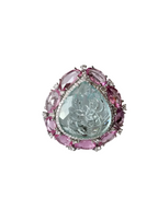 Carved Aquamarine & Pink Sapphire Gemstone Handmade Ring - Solid 18k White Gold Diamond Statement Ring