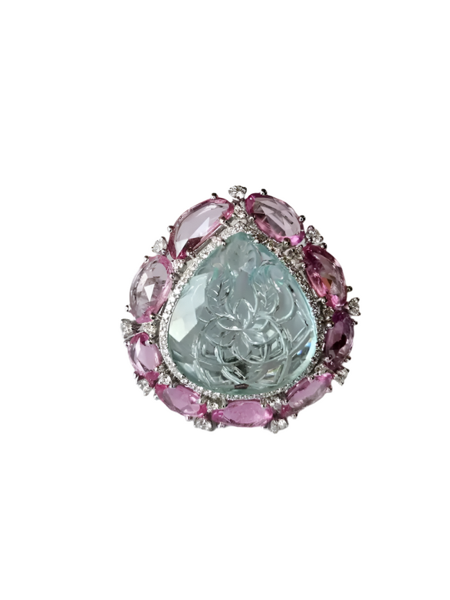 Carved Aquamarine & Pink Sapphire Gemstone Handmade Ring - Solid 18k White Gold Diamond Statement Ring Hover Image