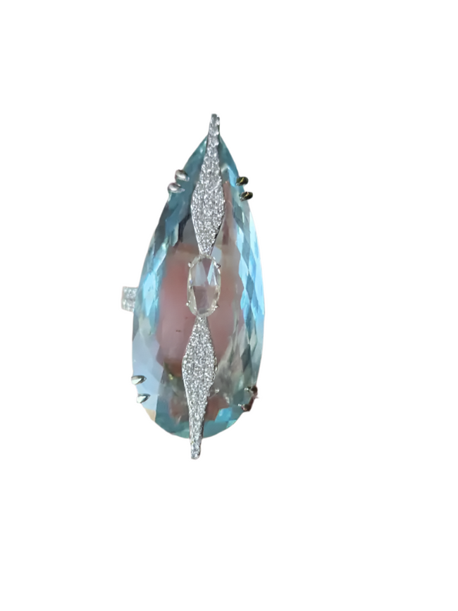 30.03 Ct Pear Shape Aquamarine Gold Ring - 18k White Gold Rose Cut Diamond Ring Hover Image
