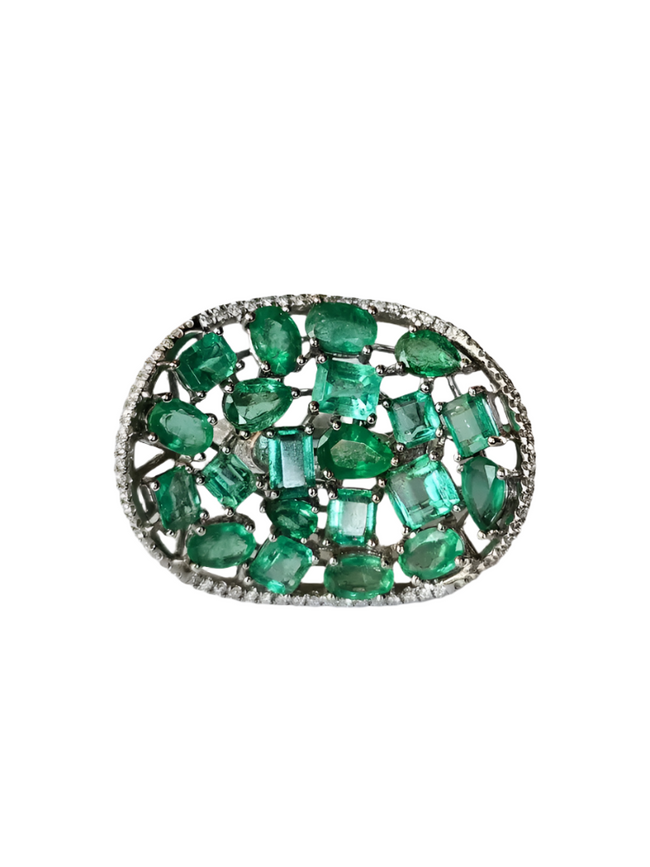 Solid 18k White Gold Diamond Ring - Natural Zambian Emerald Statement Ring Hover Image