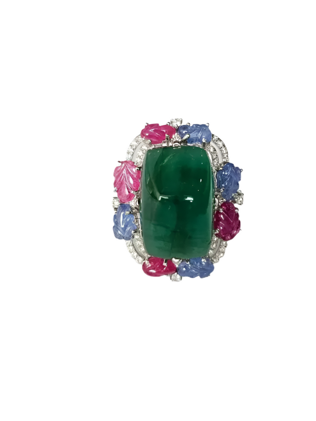 Natural Sugarloaf Emerald & Diamond Ring - 18k White Gold Cocktail Ring - Carved Blue Sapphire & Ruby Wedding Ring Hover Image