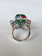 Natural Sugarloaf Emerald & Diamond Ring - 18k White Gold Cocktail Ring - Carved Blue Sapphire & Ruby Wedding Ring