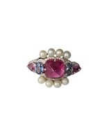 18k White Gold Tourmaline Gemstone Ring - Natural Diamond, Multi Sapphire & Fresh Water Pearl Ring