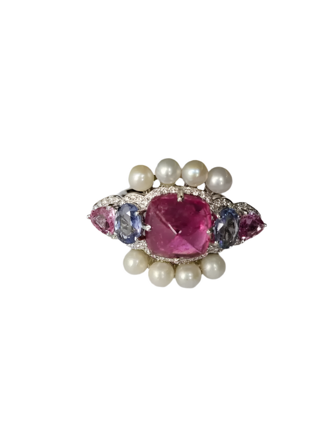 18k White Gold Tourmaline Gemstone Ring - Natural Diamond, Multi Sapphire & Fresh Water Pearl Ring Hover Image