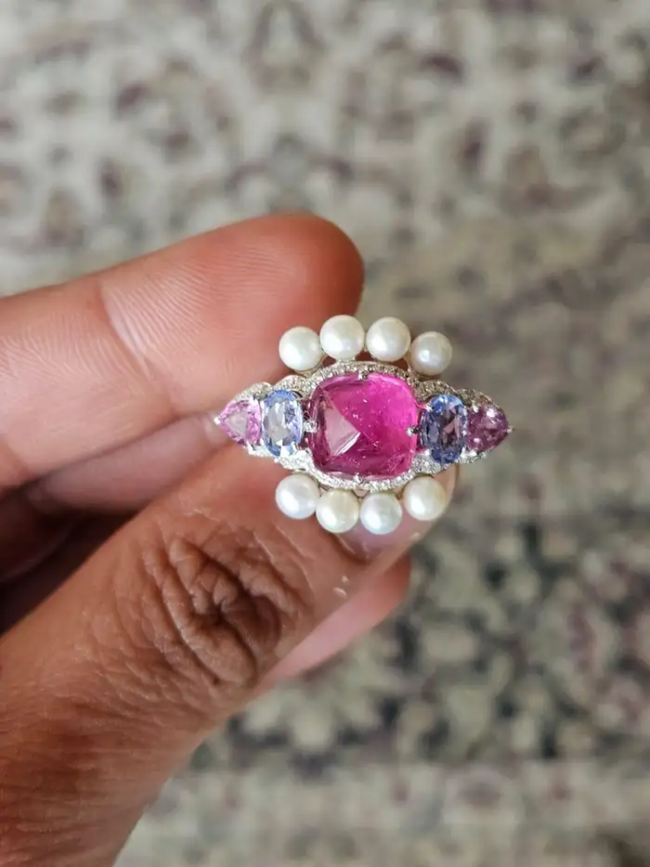 18k White Gold Tourmaline Gemstone Ring - Natural Diamond, Multi Sapphire & Fresh Water Pearl Ring Main Image