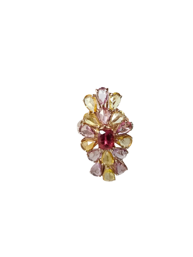 1.04 Ct. Tourmaline Gemstone Gold Ring - Natural Multi Sapphire & Diamond Cocktail Ring - 18k Rose Gold Diamond Ring Hover Image