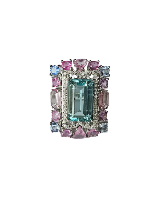Natural Aquamarine & Multi Sapphire Gemstone Statement Ring - 18k White Gold Diamond Wedding Ring Hover Image
