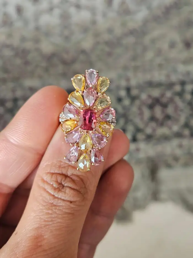 1.04 Ct. Tourmaline Gemstone Gold Ring - Natural Multi Sapphire & Diamond Cocktail Ring - 18k Rose Gold Diamond Ring Main Image