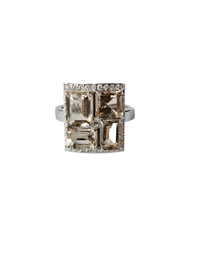 Natural Morganite Gemstone Cocktail Ring - 18k White Gold Handmade Ring With Rose Cut Diamond Hover Image