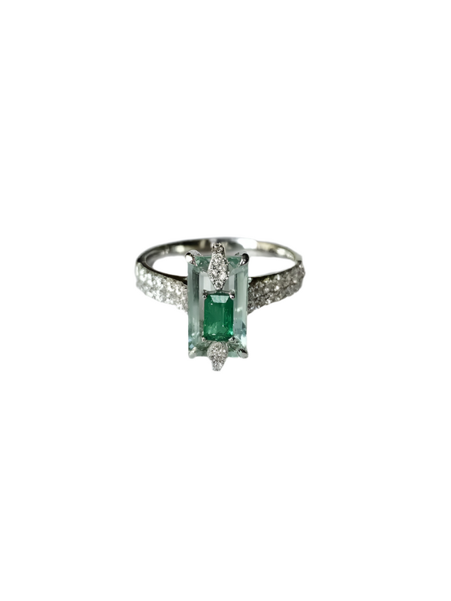 Natural Aquamarine & Zambian Emerald Engagement Ring - 18k White Gold Handmade Ring Hover Image