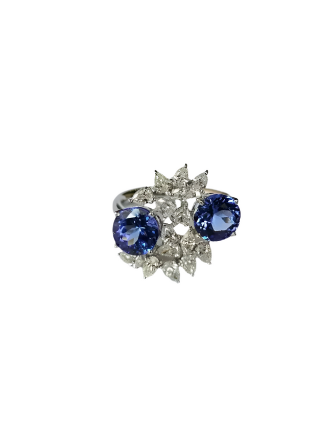 Natural Tanzanite Gemstone & Diamond Wedding Ring - 18k White Gold Handmade Ring Hover Image