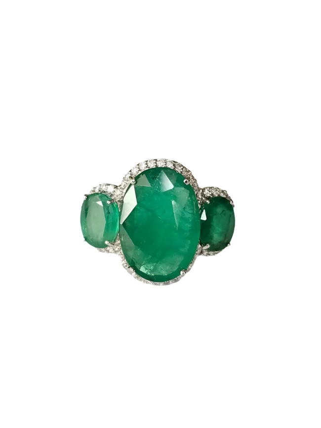 18k White Gold Handmade Ring - Natural Zambian Emerald & Diamond Wedding Ring Hover Image