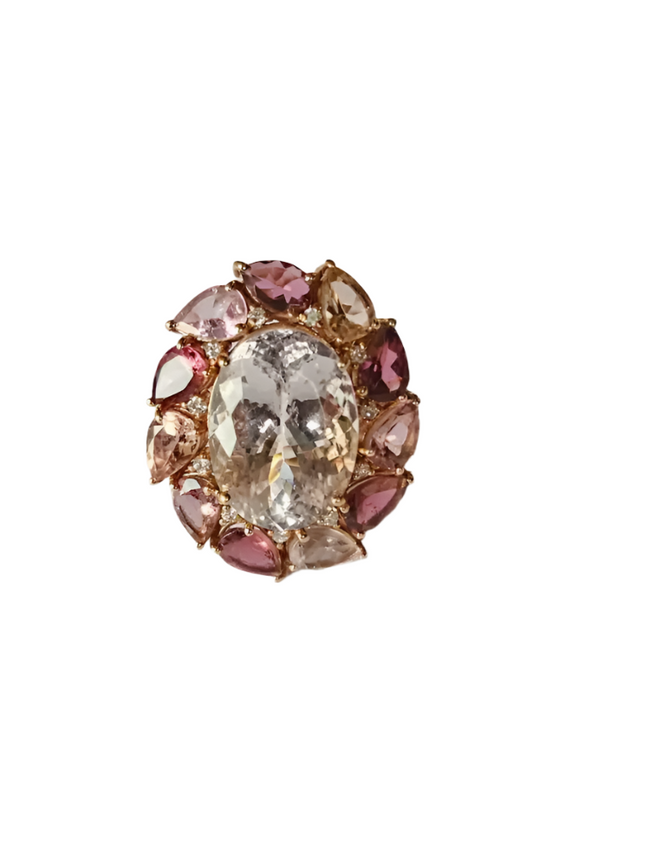 8.47 Ct. Morganite & Tourmaline Gemstone Cocktail Ring - 18k Yellow Gold Diamond Ring Hover Image
