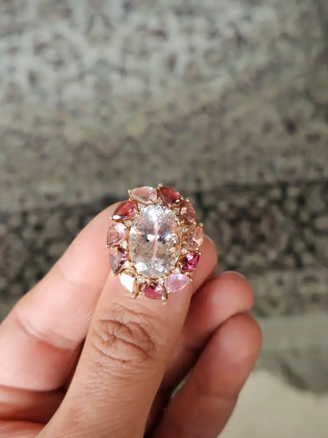 8.47 Ct. Morganite & Tourmaline Gemstone Cocktail Ring - 18k Yellow Gold Diamond Ring Main Image