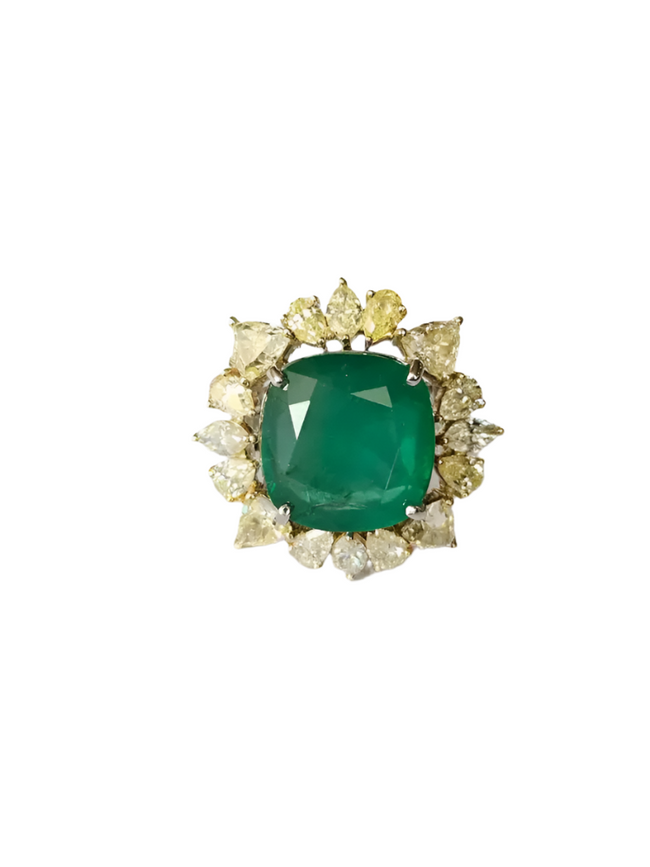 18K Gold, 12.60 carats, Zambian Emerald & Yellow Diamonds Cocktail Ring Hover Image