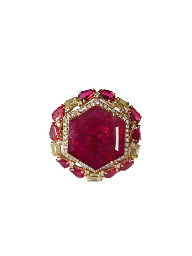 9.06 Ct Mozambique Ruby Cocktail Ring - 18k Yellow Gold Handmade Yellow Diamond Wedding Ring Hover Image
