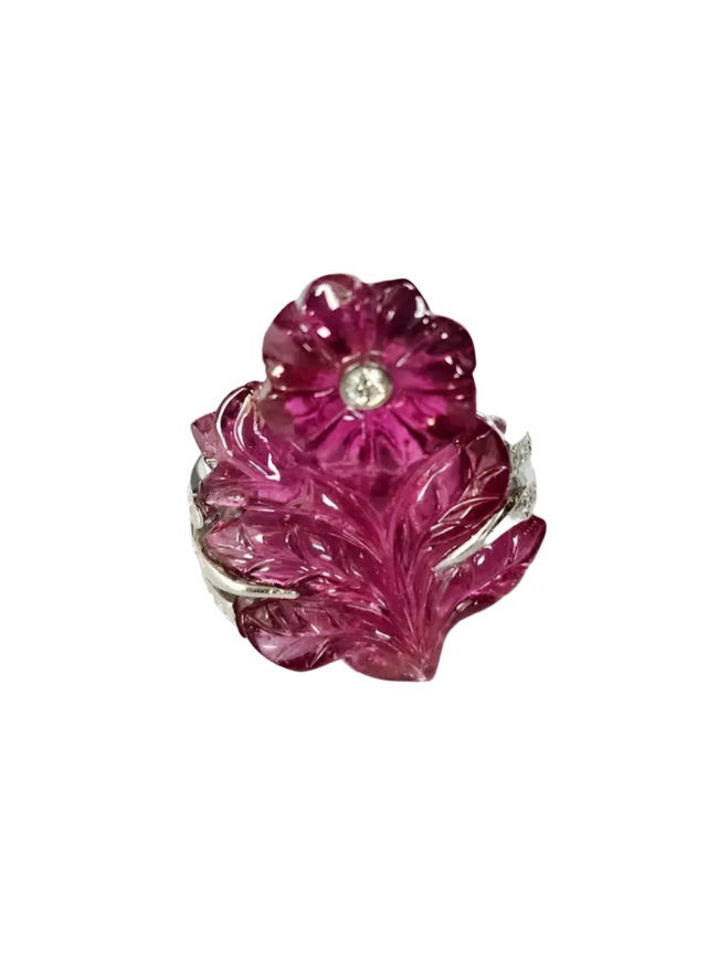 33.00 Ct. Carved Tourmaline Ring - 18k Gold Diamond Big Ring - Gemstone Floral Ring Hover Image