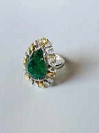 18k Two Tone Gold Ring - Natural Pear Shape Zambian Emerald & Diamond Ring