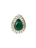 18k Two Tone Gold Ring - Natural Pear Shape Zambian Emerald & Diamond Ring