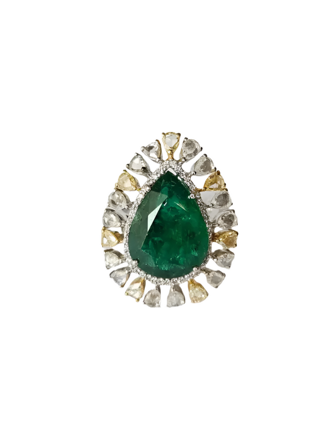 18k Two Tone Gold Ring - Natural Pear Shape Zambian Emerald & Diamond Ring Hover Image
