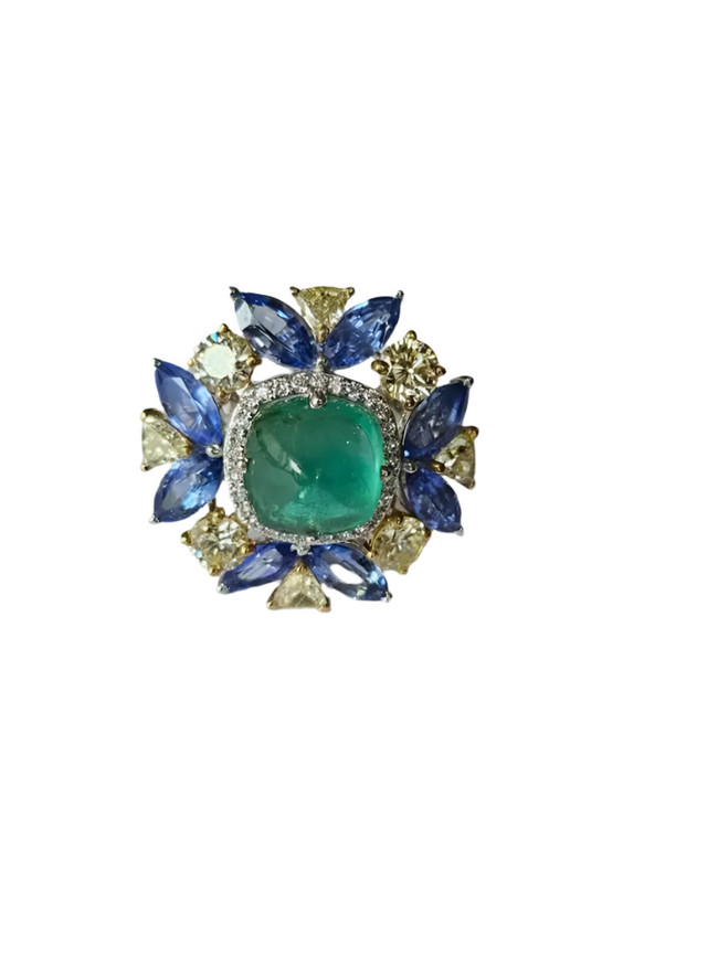 Natural Sugarloaf Zambian Emerald & Blue Sapphire Ring - 18k White Gold Handmade Diamond Ring Hover Image