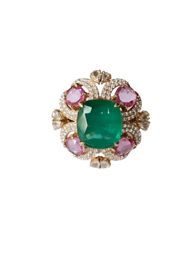 Natural Zambian Emerald & Ceylon Pink Sapphire Ring - 18k Rose Gold Diamond Wedding Ring Hover Image
