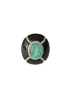 18k White Gold Diamond Cocktail Ring - Natural Colombian Emerald & Black Onyx Statement Ring