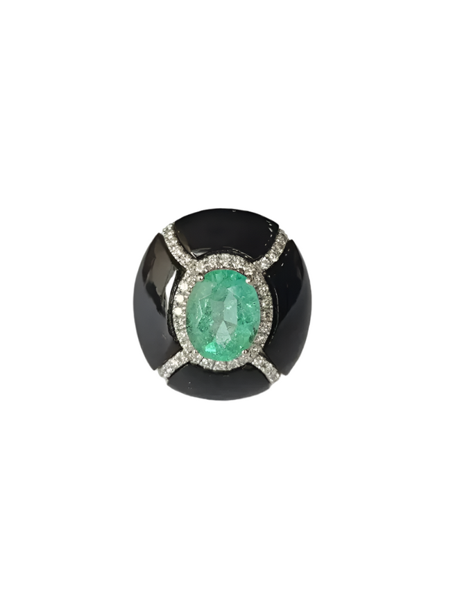 18k White Gold Diamond Cocktail Ring - Natural Colombian Emerald & Black Onyx Statement Ring Hover Image