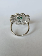 Solid 18k White Gold Diamond Floral Wedding Ring - Natural Zambian Emerald Statement Ring