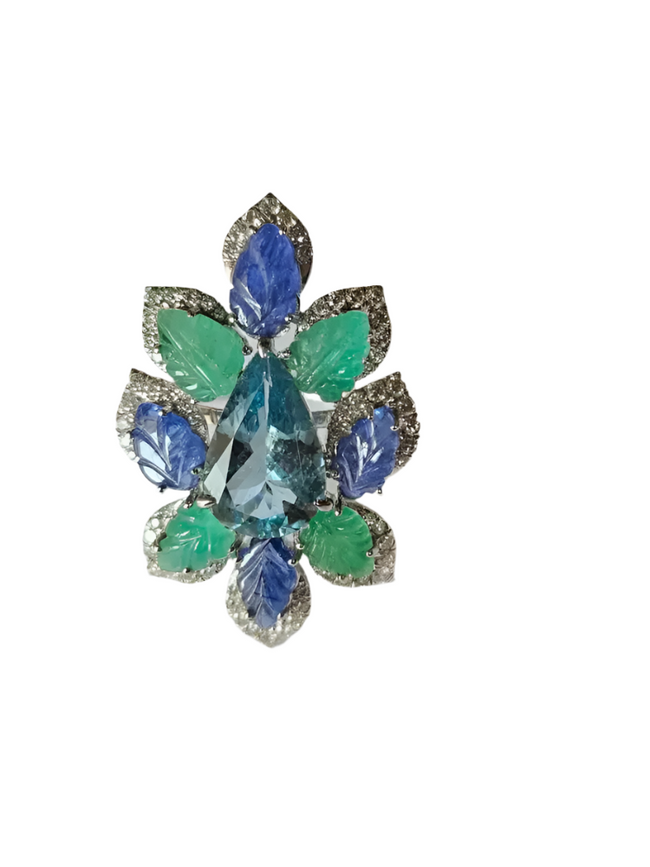 Aquamarine, Blue Sapphires, Emeralds & Diamonds Cocktail Ring - 18k White Gold Diamond Statement Ring Hover Image