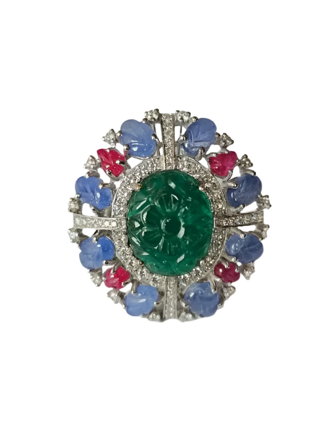 18k White Gold Handmade Cocktail Ring - Carved Emerald, Blue Sapphire & Ruby Statement Ring - Gold Diamond Women Ring Hover Image
