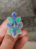 Aquamarine, Blue Sapphires, Emeralds & Diamonds Cocktail Ring - 18k White Gold Diamond Statement Ring