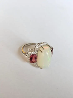Natural Ethiopian Opal & Rubellite Statement Ring - 18k White Gold Diamond Women Ring