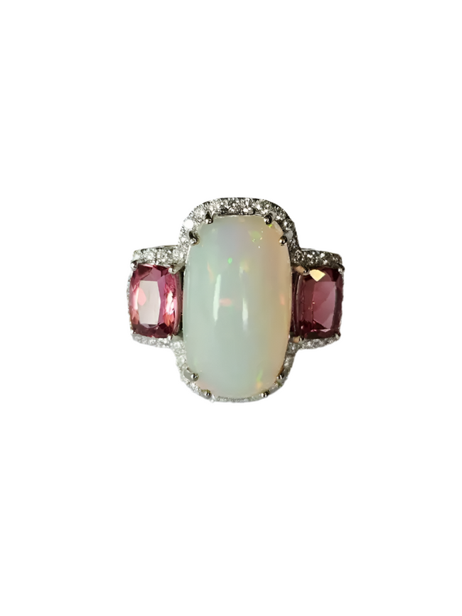 Natural Ethiopian Opal & Rubellite Statement Ring - 18k White Gold Diamond Women Ring Hover Image