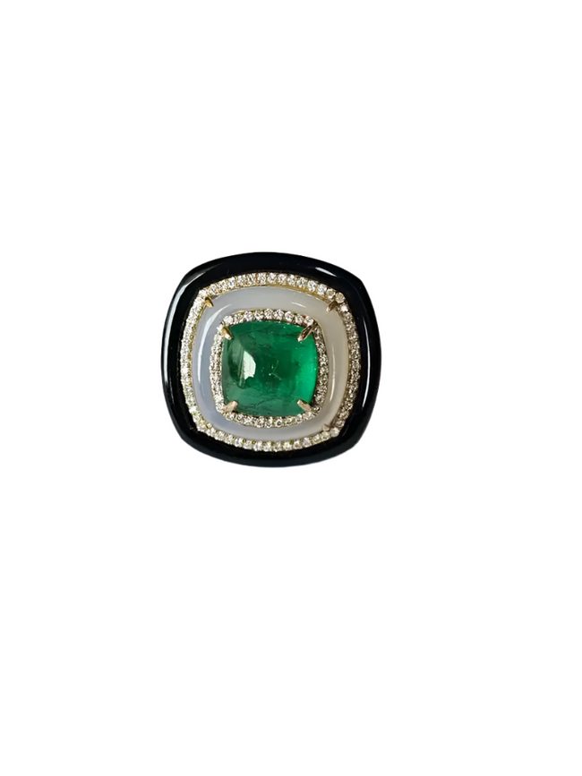 18K Yellow Gold Emerald Ring with Chalcedony, Black Onyx & Diamond Accents – Luxury Statement Jewelry Hover Image
