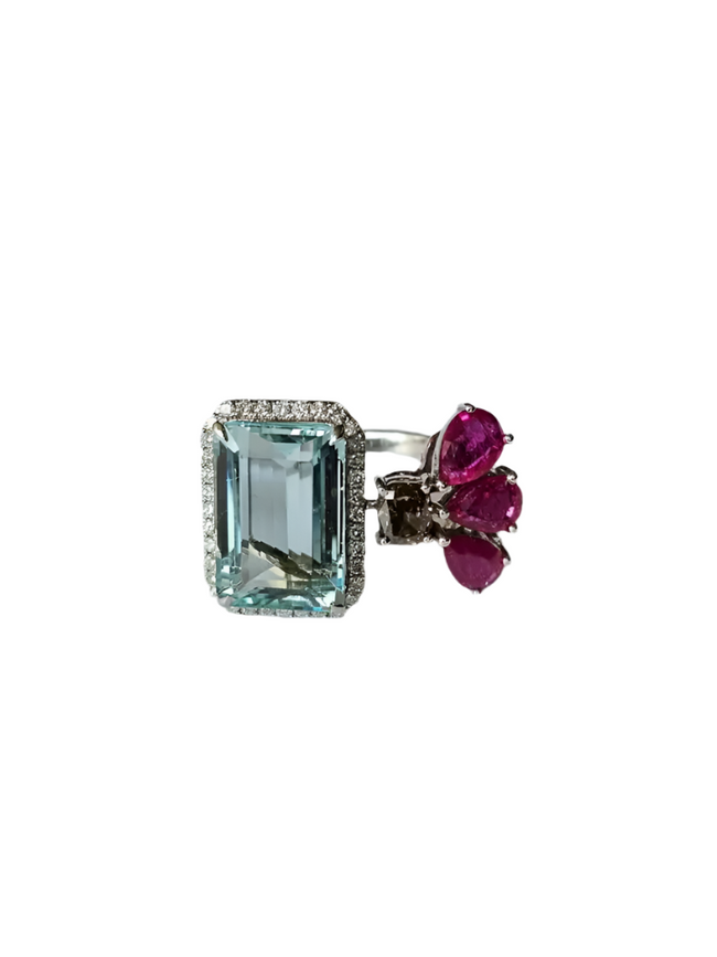 18k White Gold Brown Diamond Cuff Ring - Natural Aquamarine & Ruby Engagement Ring Hover Image