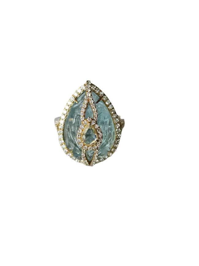 18k Yellow Gold Handmade Statement Ring - Natural Aquamarine & Rose Cut Diamonds Cocktail Ring Hover Image