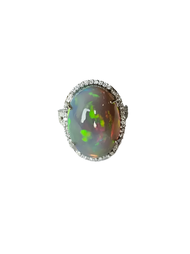 18k White Gold Diamond Statement Ring - Natural 16.23 Ct. Ethiopian Opal Women Ring Hover Image