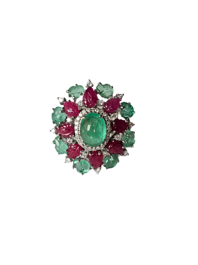 18k White Gold Carved Emerald & Ruby Gemstone Ring - Natural Colombian Emerald Cocktail Ring Hover Image