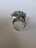18k White Gold Carved Emerald & Ruby Gemstone Ring - Natural Colombian Emerald Cocktail Ring
