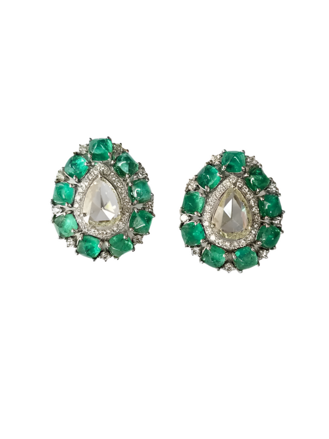 Colombian Emerald Sugarloaf & Rose Cut Diamond Stud Earrings - 18k White Gold Handmade Tiny Earrings Hover Image