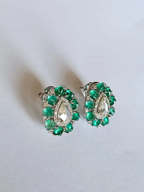 Colombian Emerald Sugarloaf & Rose Cut Diamond Stud Earrings - 18k White Gold Handmade Tiny Earrings