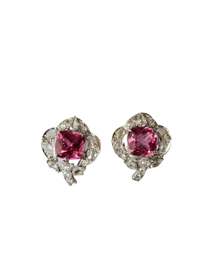 Natural Rubellite & Rose Cut Diamond Stud Earrings Made in 18k White Gold Hover Image