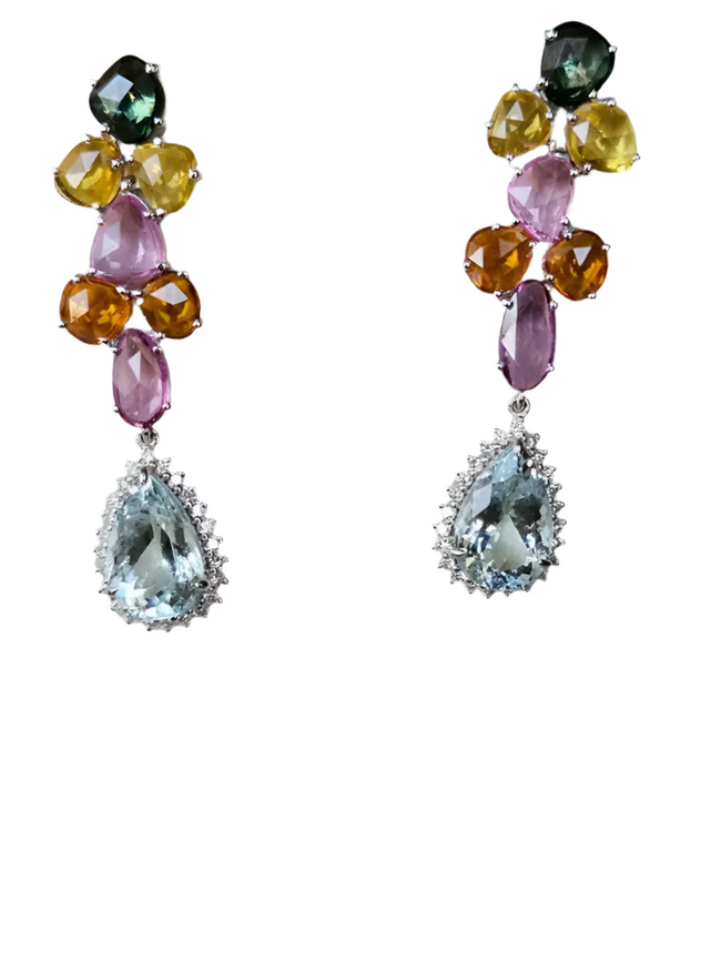 Natural Multi Sapphire & Pear Shape Aquamarine Gemstone Dangle Earrings - 18k White Gold Diamond Earrings Hover Image