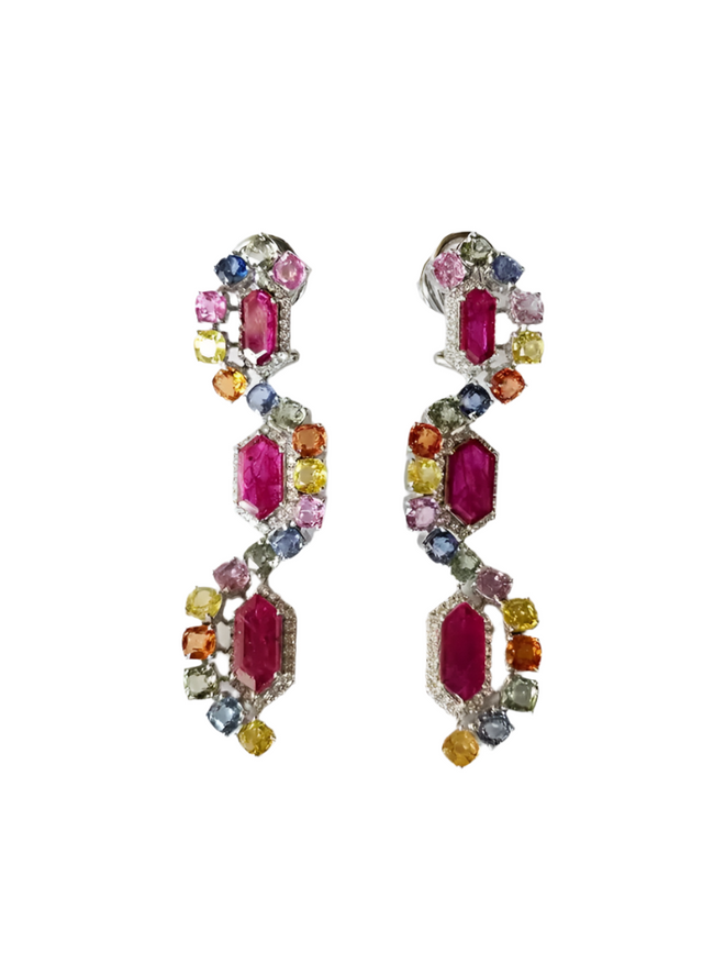 Natural Mozambique Ruby & Multi Sapphire Dangle Earrings - 18k White Gold Diamond Earrings Hover Image