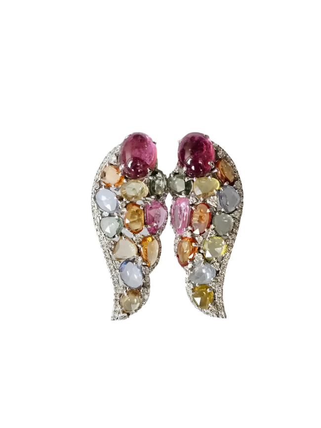 Natural Multi Sapphire & Tourmaline Gemstone Earrings - 18k White Gold Diamond Earrings Hover Image