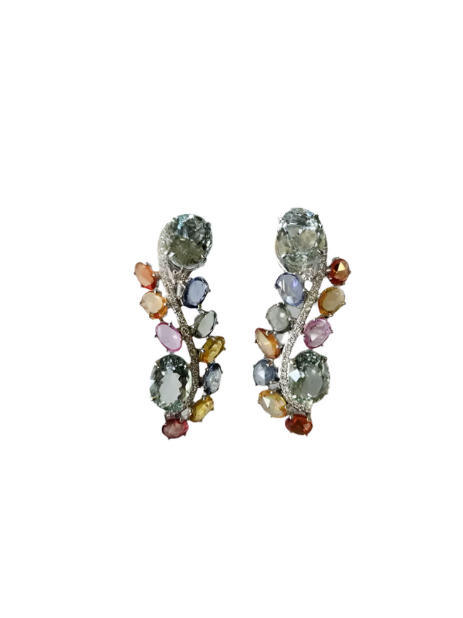 18k White Gold Multi Sapphire Chandelier Earring - Natural Aquamarine & Diamond Earrings Hover Image