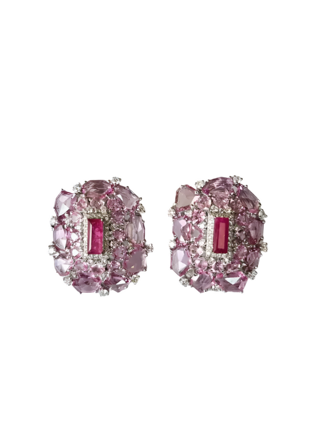 Natural Mozambique Ruby & Ceylon Pink Sapphire Stud Earrings - 18k White Gold Diamond Earrings Hover Image